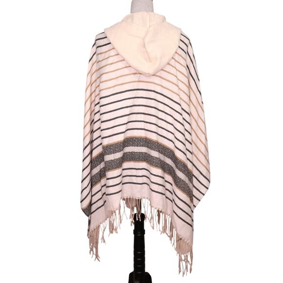 BCBGeneration Poncho Womens One Size Ivory Striped Fringe Hooded Cape bcbg - Picture 2 of 13
